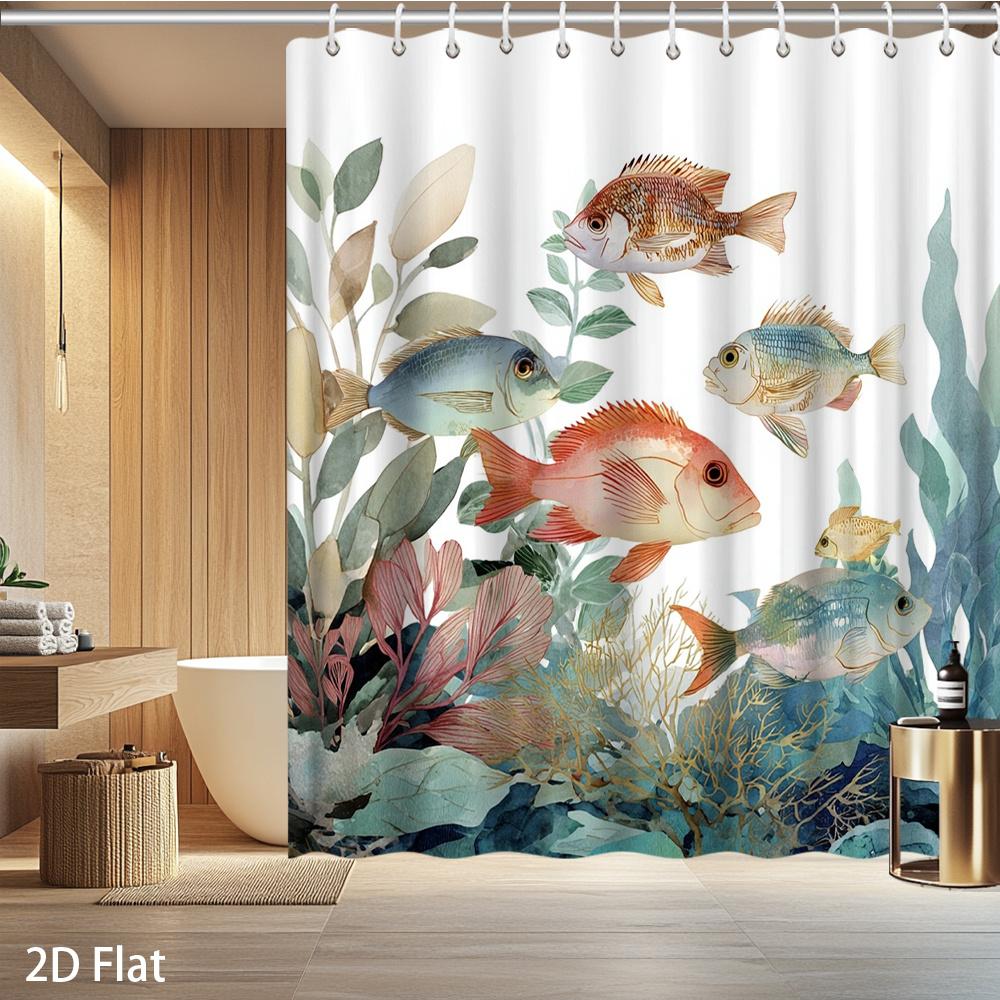 1Pc Shower Curtain — Watercolor Fish & Coral, Waterproof Machine Washable Polyester For Shower/Bathtub Bathroom Decor