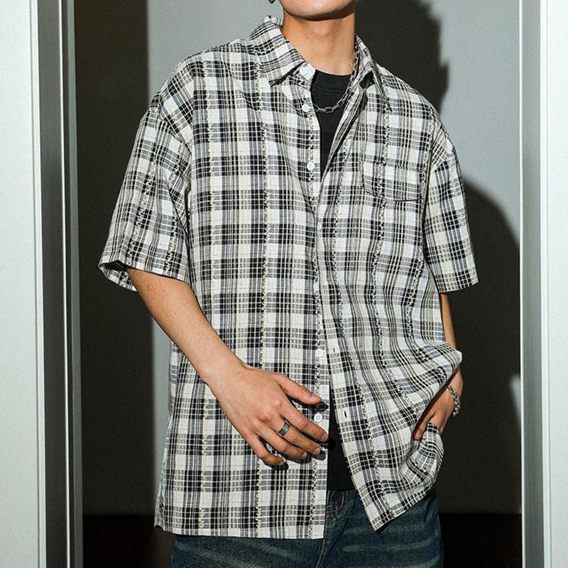 

Унисекс Рубашка с коротким рукавом на пуговицах в клетку в стиле ретро - Повседневный свободный крой для пар XXXL чёрный