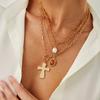 Salircon 4Pcs/set Punk Jesus Cross Imitation Pearl Pendant Necklace Women Vintage Gold Color Geometric Chains Y2K Jewelry Gifts