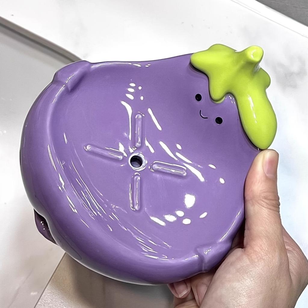 Cute Smiling Face Ceramic Soap DishOval Durable Bathroom Countertop Organizer with Drainage Holes,Purple/White Design for Soap,Toothbrushes,Toiletries