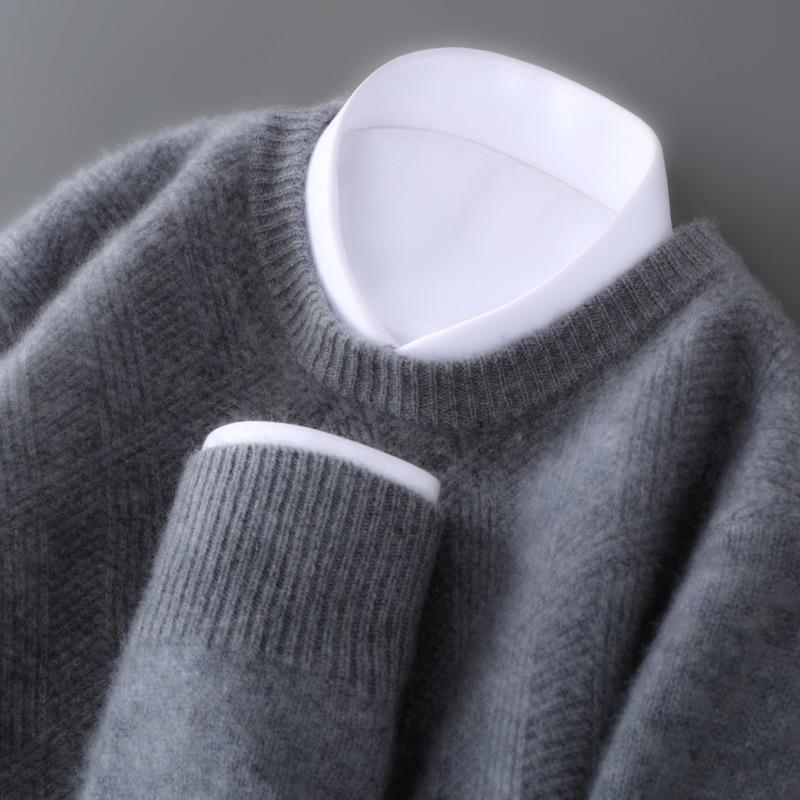 

Men s 100% Wool Jacquard Sweater - Thickened Round Neck Knitwear for Fall/Winter Business Casual Medium