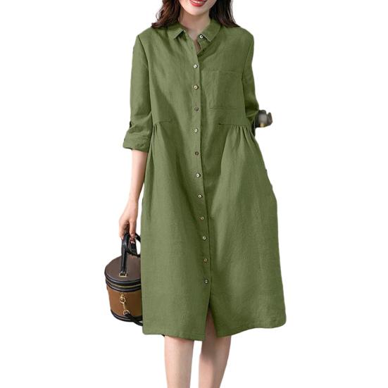 Women Shirt Dress Lapel 3/4 Sleeve High Waist Midi Dress Solid Color Loose Fit Summer Dress Office Lady Wear