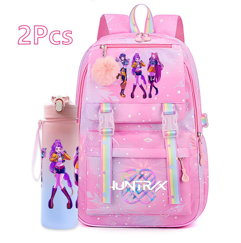2Pcs/set New Anime Kpop Printed Backpack with 750Ml Water Bottler Large Capacity Travel Bag for Teenager Girl Boy Bookbag Kid Gift Large Capacity Bag