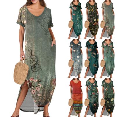 Damen Sommerkleid V-Ausschnitt Kurzarm Strandkleid Maxikleid Lang Kleider Casual Loose Fit Elegant Sommerkleid