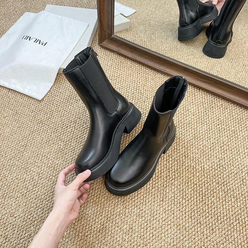 Cowhide Version~ British Style Fashion Thick Heel Chelsea Short Boots Women's Platform Short Rear Zipper Martin Boots Cigarette Boots