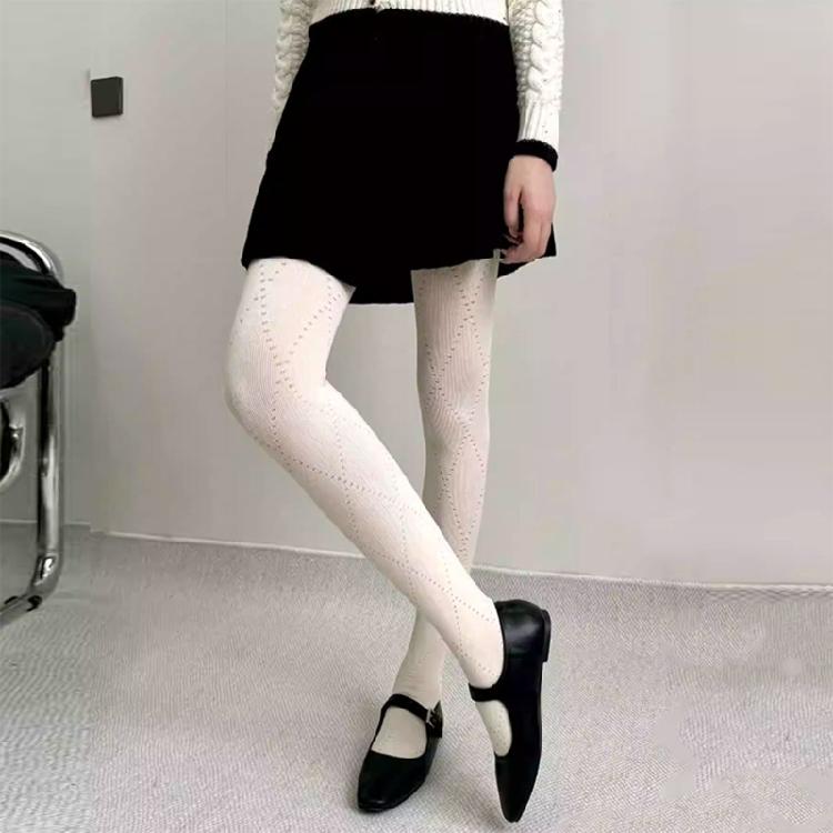 Women Hollowed Plaids Pattern Stockings Cotton Pantyhose Solid Color Winter Opaque Tights Bottoming Leggings Hosiery
