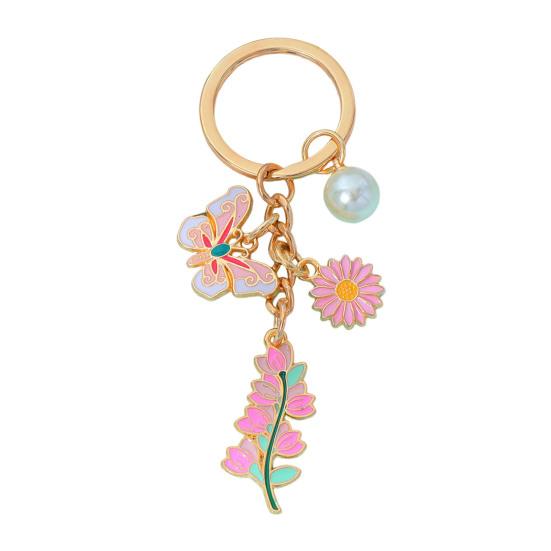 Yousheng Keychain Pendant with Round Imitation Pearls, Flower Butterfly Enamel Charm Key Ring, Pastoral Style Layered Pendant Charm Key Holder розовый