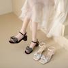 One-word buckle square head sandals women's rhinestone bow open-toed women's shoes temperament thick heel high heels pop style