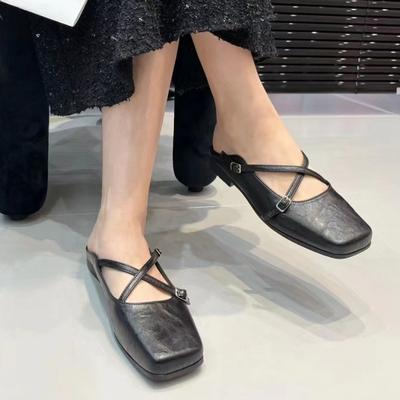 Frühling Neue Baotou Hausschuhe Damen Quadratische Zehen Flacher Mund Wort mit Weicher Sohle Rutschfest Abriebfest Flache Schuhe