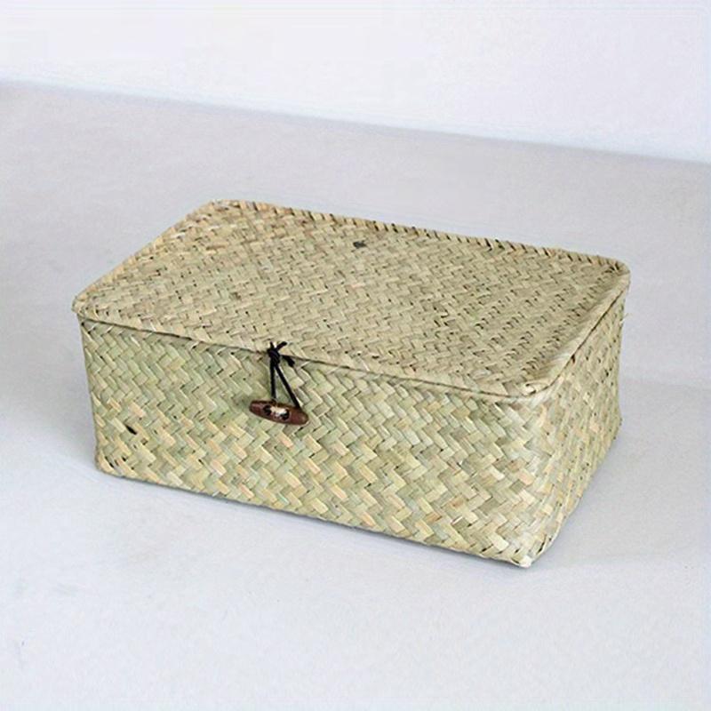 Brown/beige/coffee 3-pieces Set Grass Woven Home Sundry Storage Box with Lid Cover buckle,toy&Towel&Dirty Clothes Collecting Basket Container.