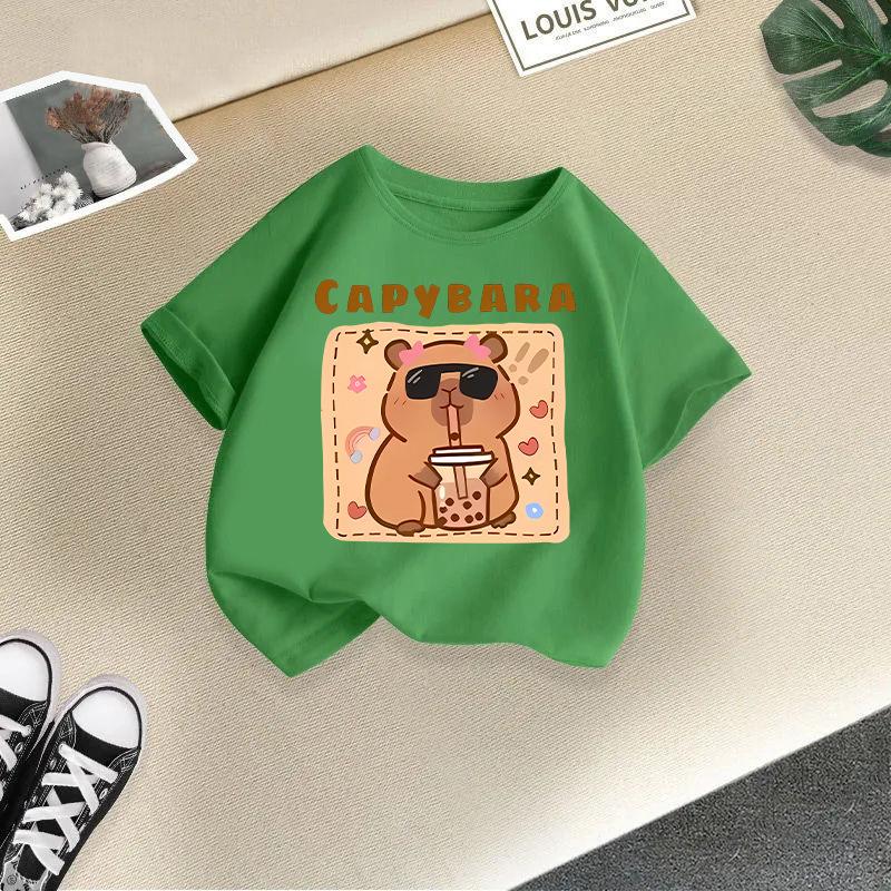 Kinder T-Shirt Capybara Aufdruck Kinder 100% Baumwolle Kleidung Oberteile 2-13J Locker geschnitten Lässig Rundhalsausschnitt Kurzarm T-Shirt