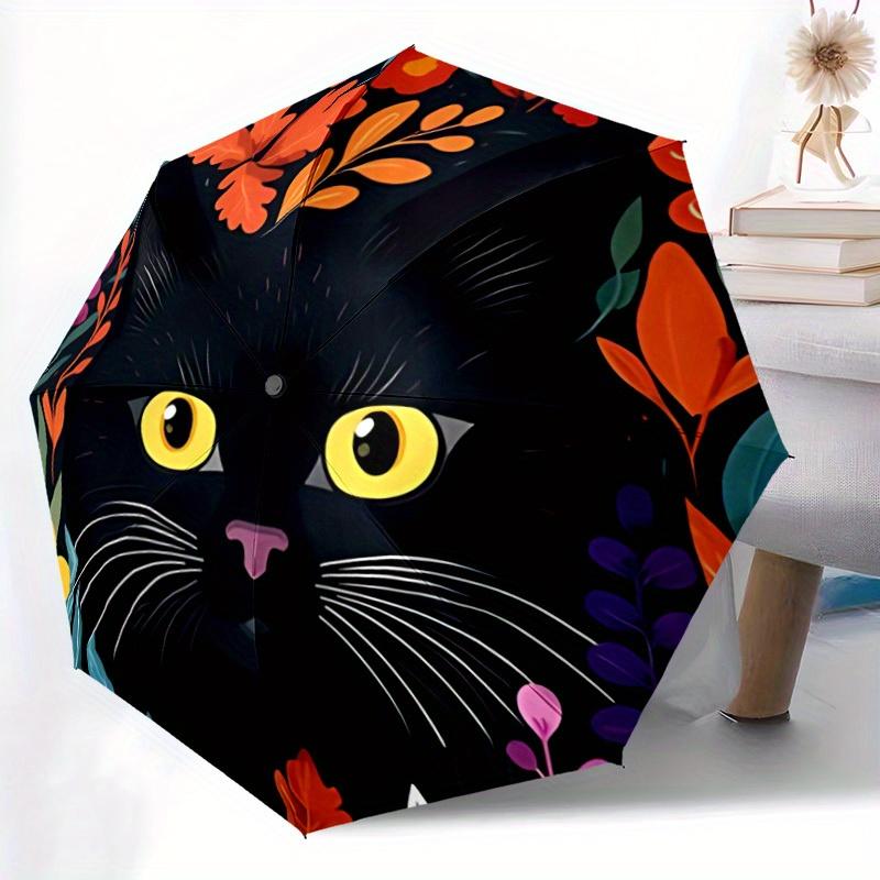 1pc Black Cat Illustration Automatic Folding Umbrella - 8-Rib Iron Frame, Windproof, Portable Sunshade with Plastic Handle for Travel & Outd