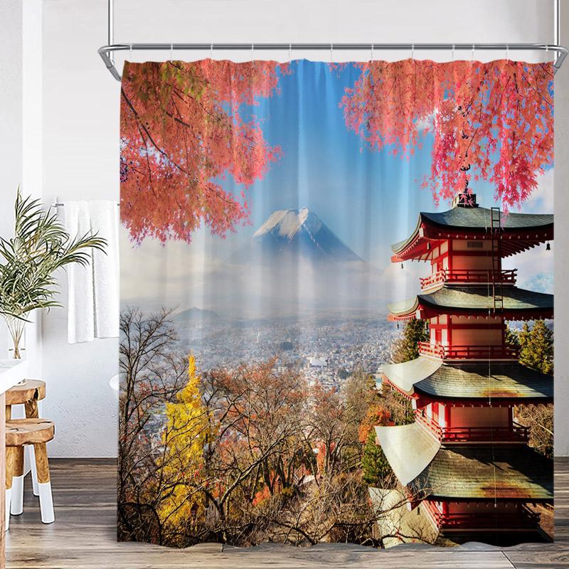Autumn Landscape Shower Curtains Red Maple Trees Pavilion Arch Bridge Park Nature Scenery Home Bathroom Decor Bath Curtain Set