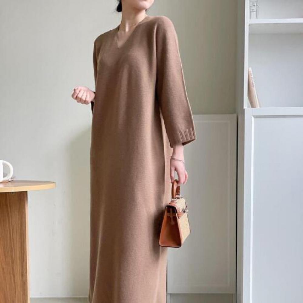 New ArriValS Open Run Women S V Neck Wool Knit Long dreSS Back Opening
