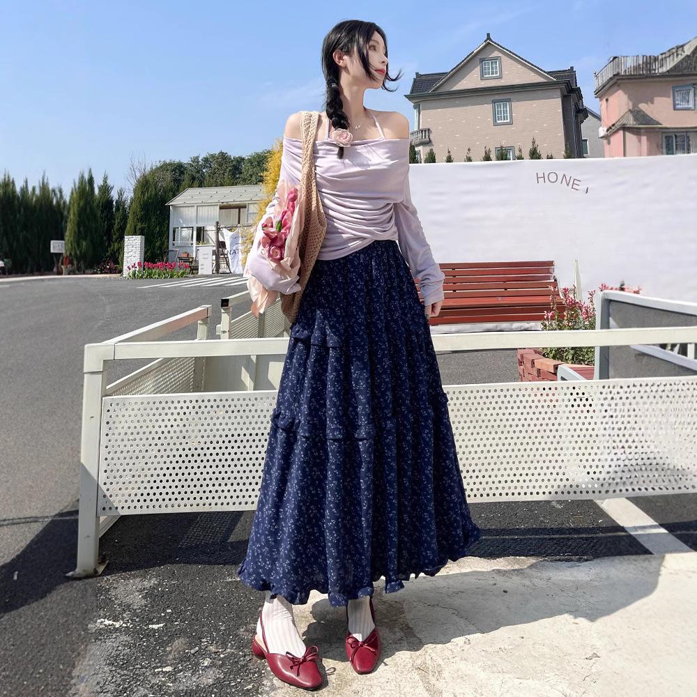 

Бюст Юбка Женская Весна Новая Корейская Ретро Синяя Цветочная С высокой талией А-силуэта Повседневная Длинная юбка XL