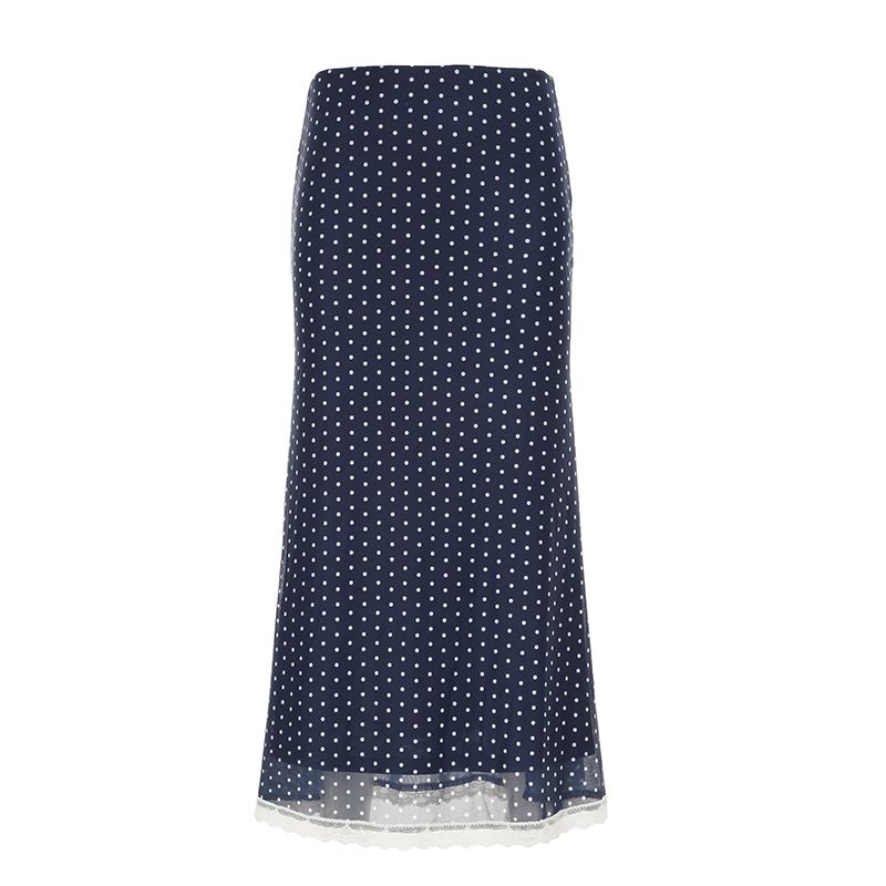 

Rockmore [French An Illustrated Handbook] Dark Blue Polka Dot Lace Mesh Skirt Silm Slim Looking Hip-Wrapped Mid-Length Dress Dark Blue S