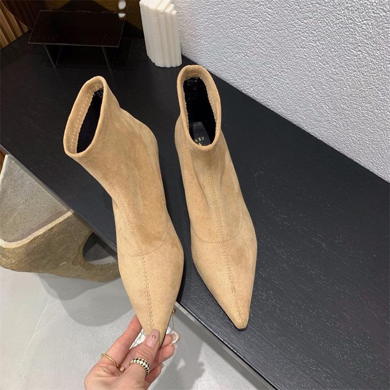 French pointed short boots women's 2025 summer and autumn new stiletto suede thin bare boots Internet celebrity elastic socks Martin boots