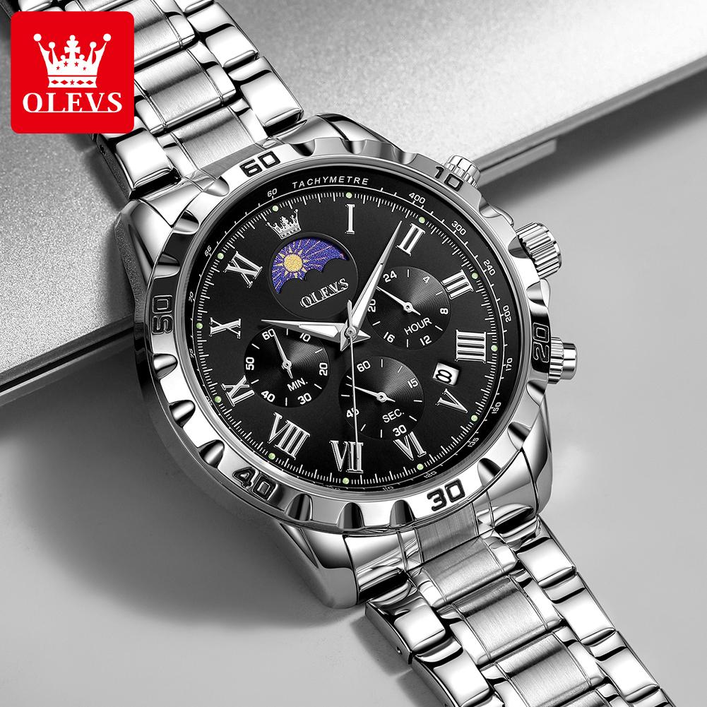 OLEVS 2950 Men's Quartz Wristwatch 24 Hour Moon Phase Chronograph Auto Date Luxury Man Watch Original Waterproof Watches for Man