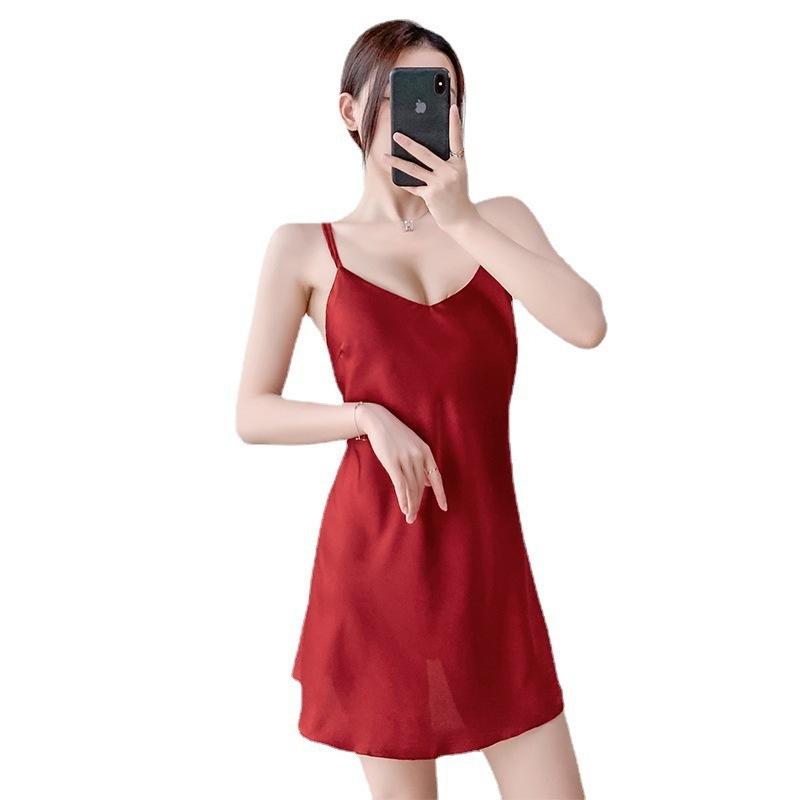 Ice Silk Sexy Pajamas Women's Summer Thin with Chest Pad, Beautiful Back 1011 New V-neck Korean Version Suspender Nightdress
