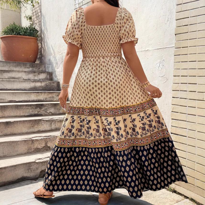 Beige and Navy Blue Floral Geometric Print Square Neck Puff Sleeve Maxi Dress