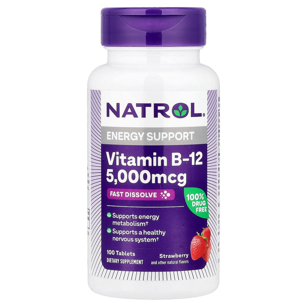 Natrol Vitamin B-12 Rychle se rozpouštějící Maximální síla Jahodová příchuť 5000 mg 100 tablet