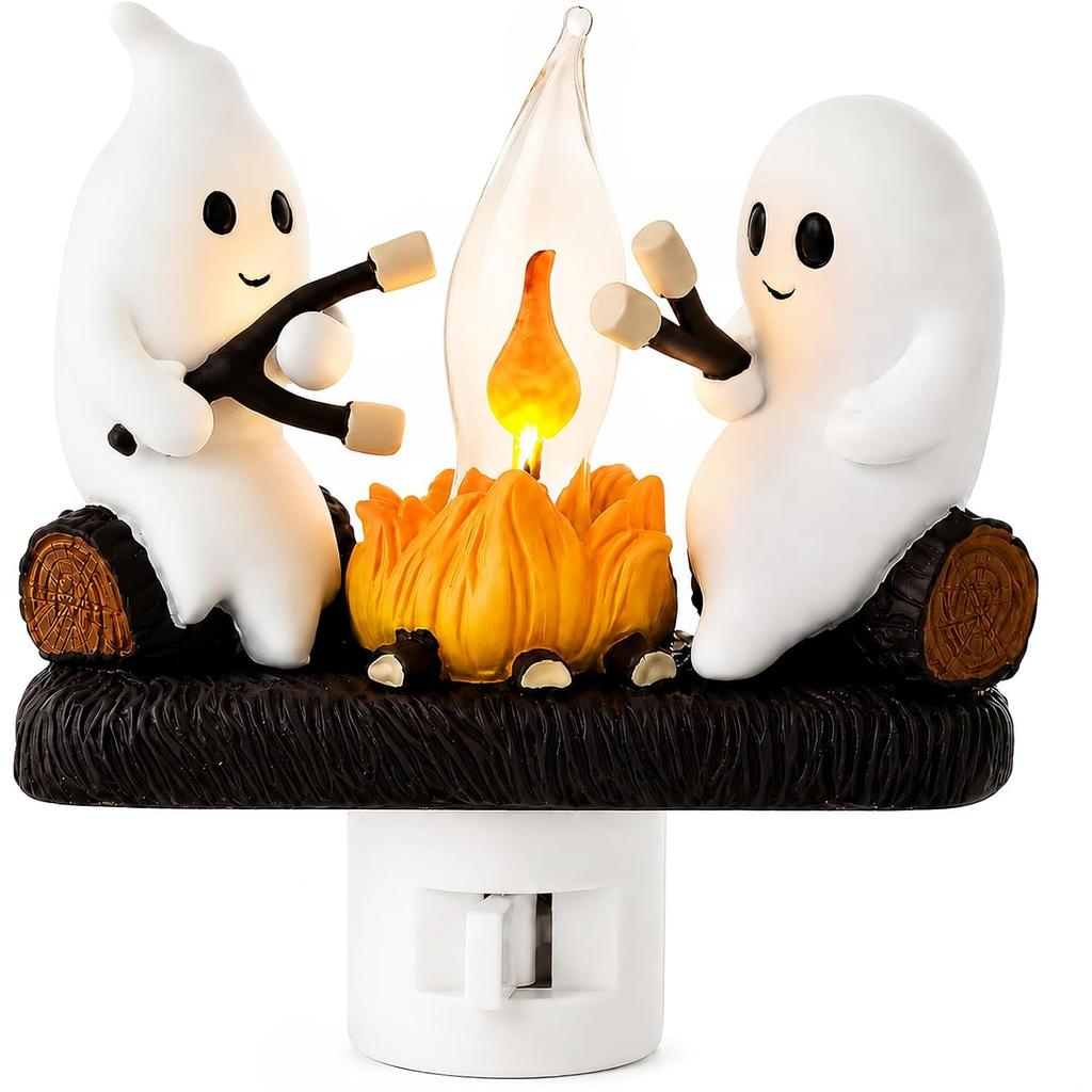 Ghost Campfire Night Light, Plug-in Wall Flickering Flame Nightlight, Halloween 3D Cute Spooky Marshmallow Ghost Decoration for Bedroom