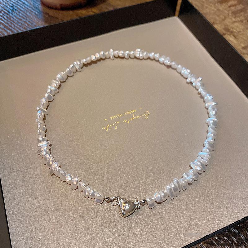 

Trendy Korean Magnetic Silver Heart Pearl Necklace For Women Clavicle Chain Choker Wedding Party Gift Jewelry
