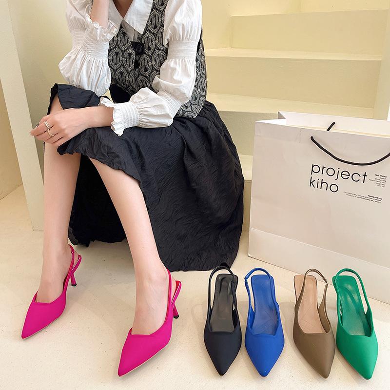 2025 spring new empty bag head sandals women's high heels green large size women's shoes pointed thin heel medium heel single shoes