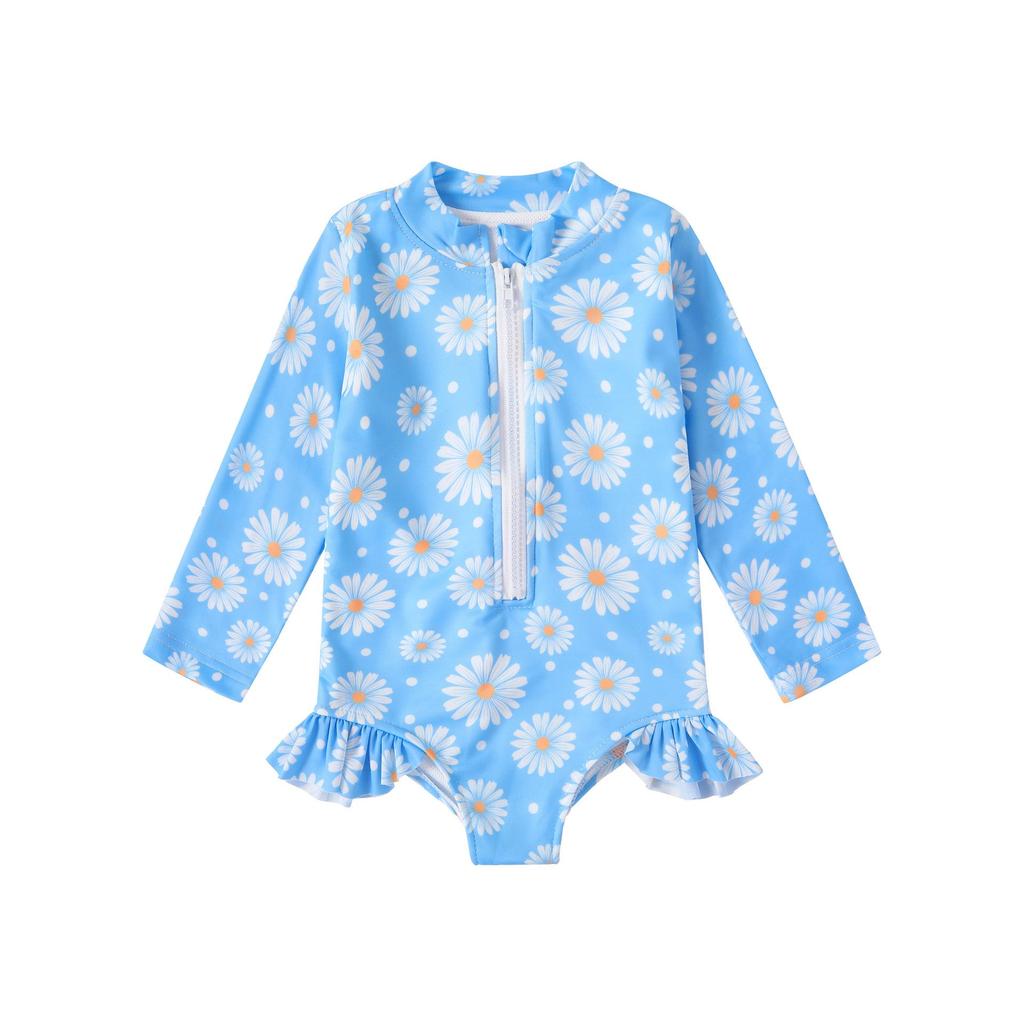 Kids Baby Girl Swimsuits Summer 2024 Floral Long Sleeve Zipper Ruffles Jumpsuit Swimwear Beachwear Bathing Suits