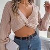 GMXIA Women's Fashion Casual Solid Color Autumn Winter Long Sleeve V-Neck Loose Sexy Knotted Lantern Sleeve Crop Sweater