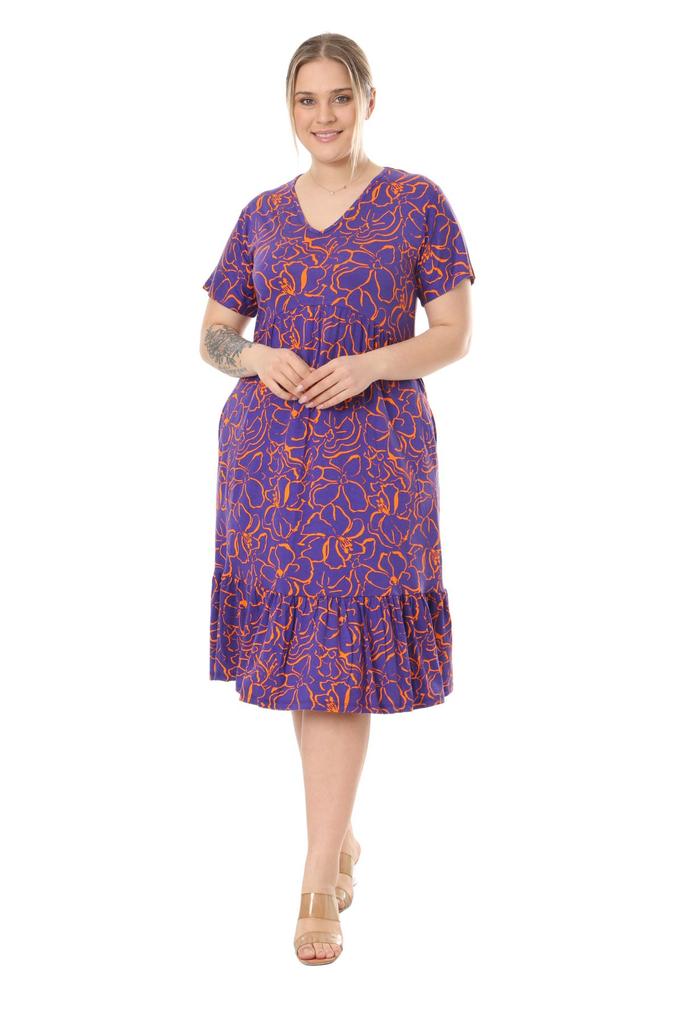 Women's Big Size Dress Purple Floral Pattern V-Neck Short Sleeve Ruffle Robe Dress
