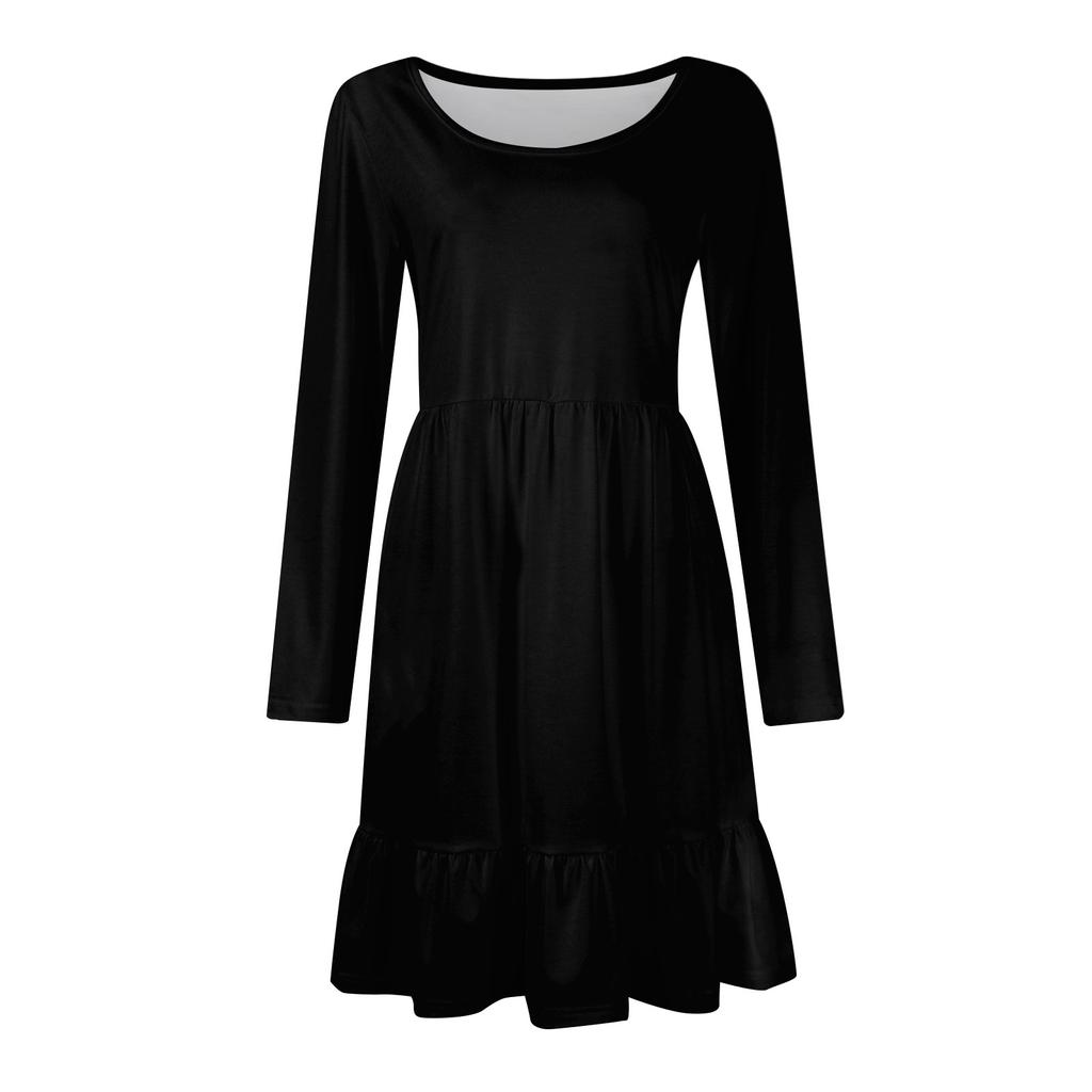 Ladies' Casual Round Neck Long Sleeved Dress Color Loose Waist Pleated Dress