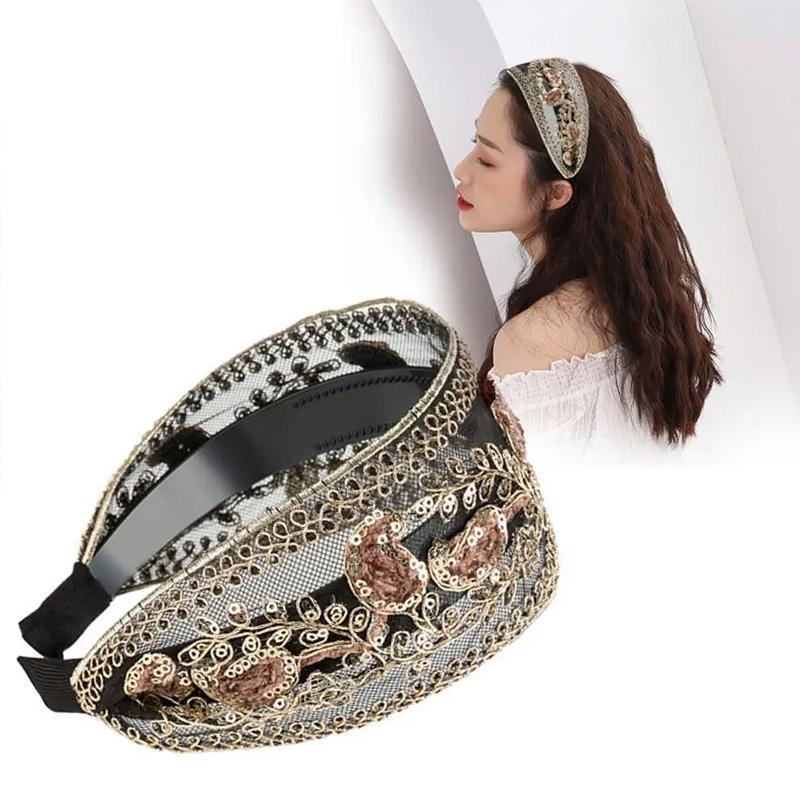 1PC Hollow Lace Flowers for Women Girls Sequins Bezel Headdress Wide Edge Fashion Headband Hair Hoop with Tooth