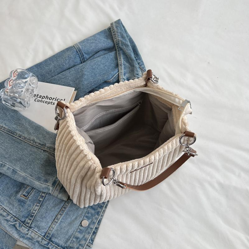 1 Piece Pure Color Large Capacity Tote Bag Fashion Corduroy One Shoulder Women's Bag Can Hold ipad