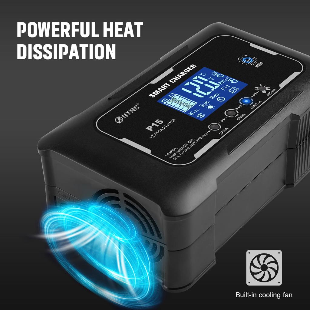 P15 12V-24V 35A/25A/20A/15A/10A Car Battery Charger LCD Automatic Pulse Repair Charge for Lifepo4 AGM Lead-Acid Lithium Batteri