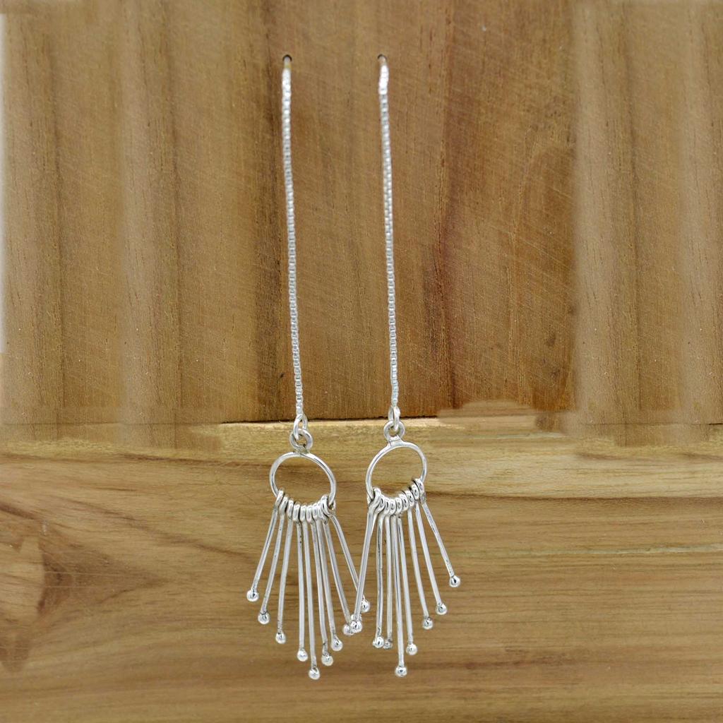 Quasten Tropfen Baumeln 925 Silber Damen Ohrringe, Fransen Ethno handgemachte Einfädler Ohrringe