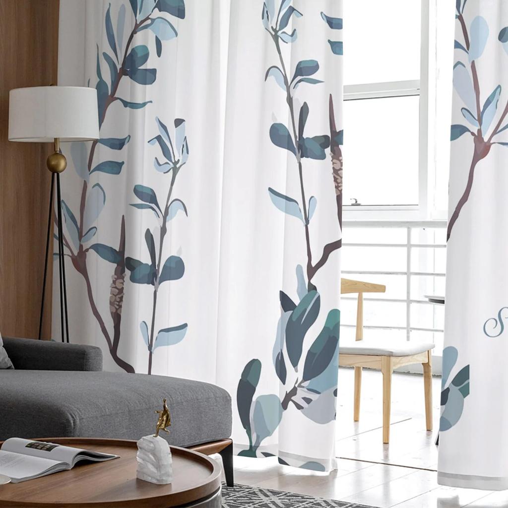 Flowers Blue Green Pattern Modern Printed Tulle Curtains for Bedroom Balcony Window Decor Creative Fashion Home Sheer Curtain