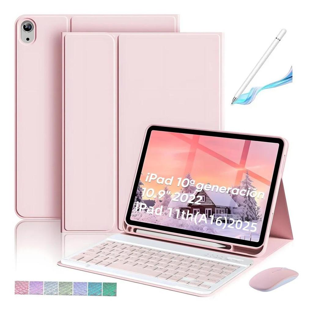 iPadA16 Tablet Case with Colorful Pink Backlit Bluetooth Keyboard for 11-inch