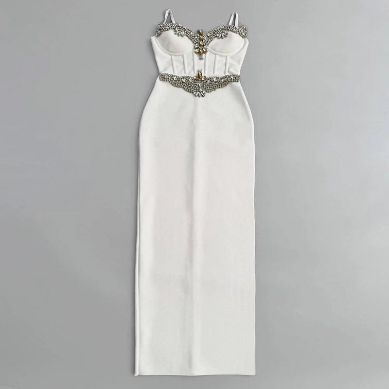 

Сексуальное платье-бандаж с бусинами на бретелях, облегающее, с разрезами, банкетное вечернее платье, новая женская одежда XL белый