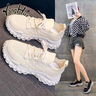 Koreanische Sportschuhe Frühling und Sommer 2024 Neue modische Strick-Laufschuhe mit dicker Sohle und atmungsaktivem Mesh für Damen