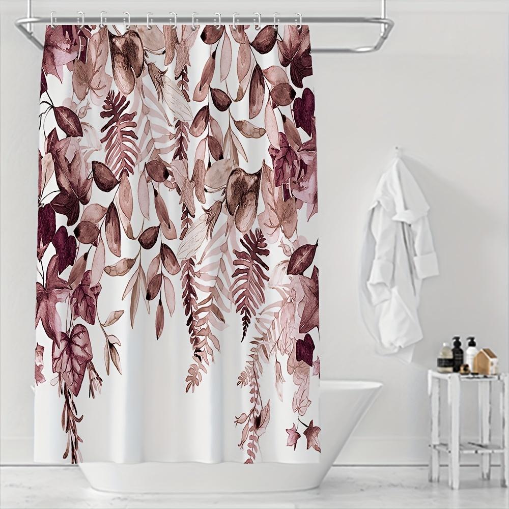 

Watercolor Leaf Shower Curtain - Polyester, Botanical Print, Grommets, White Base With Brown & Purple Leaves, Modern Bath Decor W60H190(CM)-1 Pcs