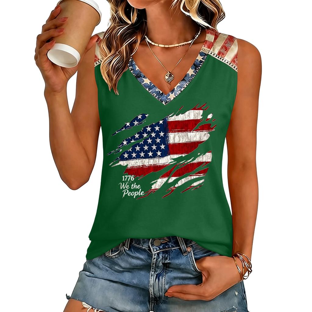 Women’s V Neck Casual Short Sleeve Top with Letter Print and Distressed Flag Graphic Lightweight Relaxed Fit Tee Shirt