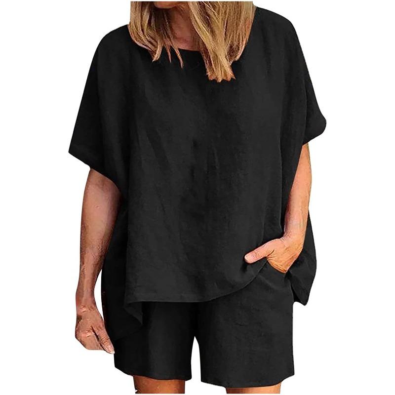 women's Solid Color Batwing Short Sleeve Loose Top High Waist Casual Shorts Summer Two Piece Outfit Set