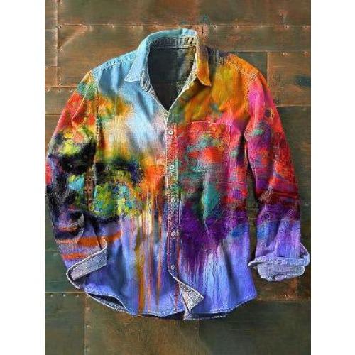 Retro-style Colour-block Print Men’s Long-sleeved Button-down Shirt
