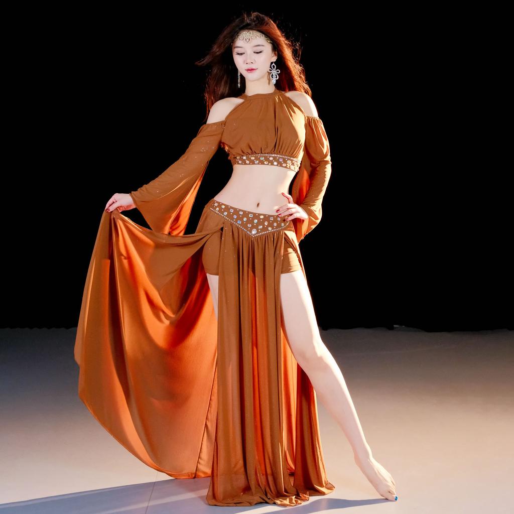 2026 Set Due Pezzi Lucido a Maniche Lunghe per Danza del Ventre da Donna Costumi Orientali a Doppio Spacco per Danza del Ventre Abbigliamento da Ballo per Performance