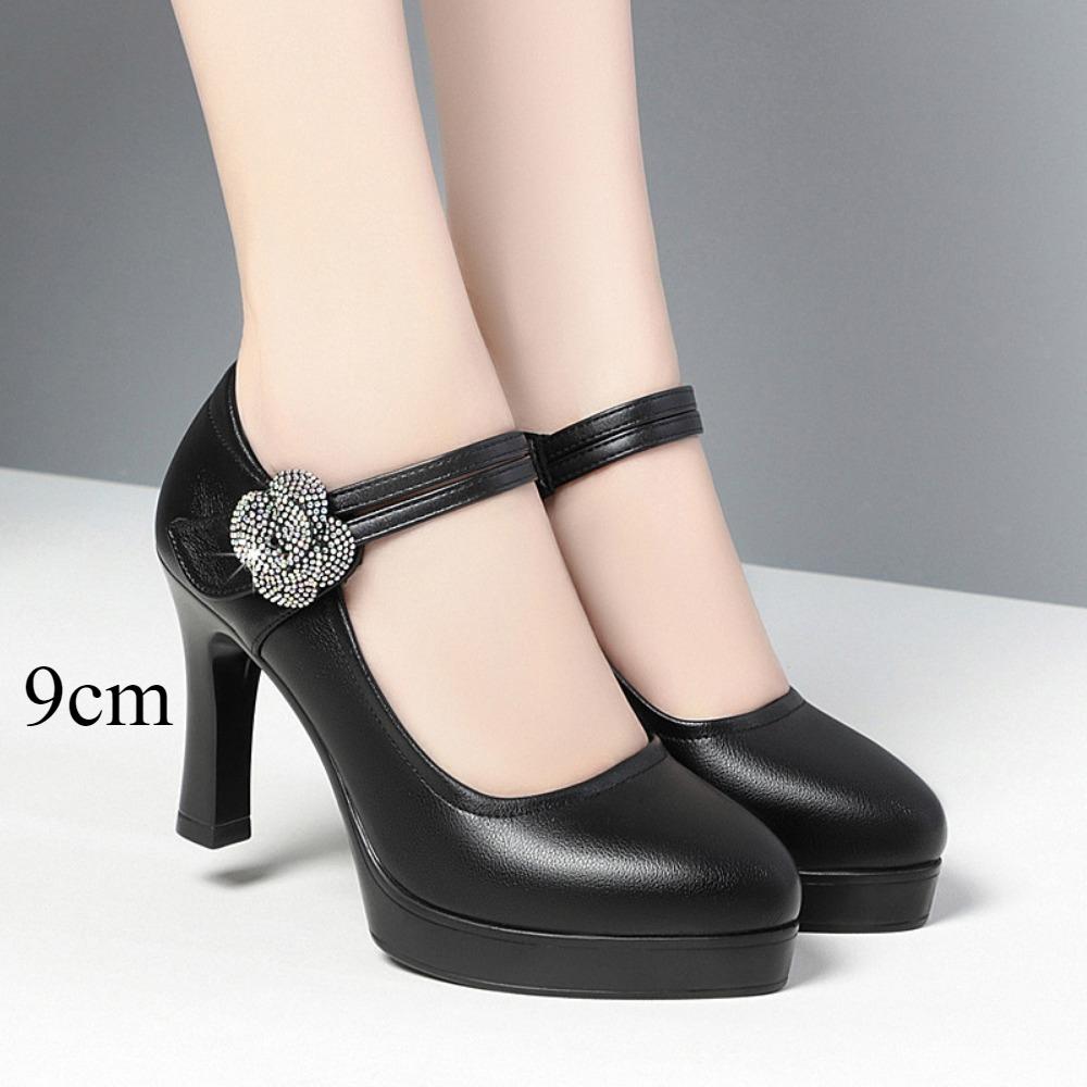 Women's Office Soft Leather Flower  Pumps Pointed Toe Buckle Strap Platform High Heels Four Season Shallow Mouth Single Shoes