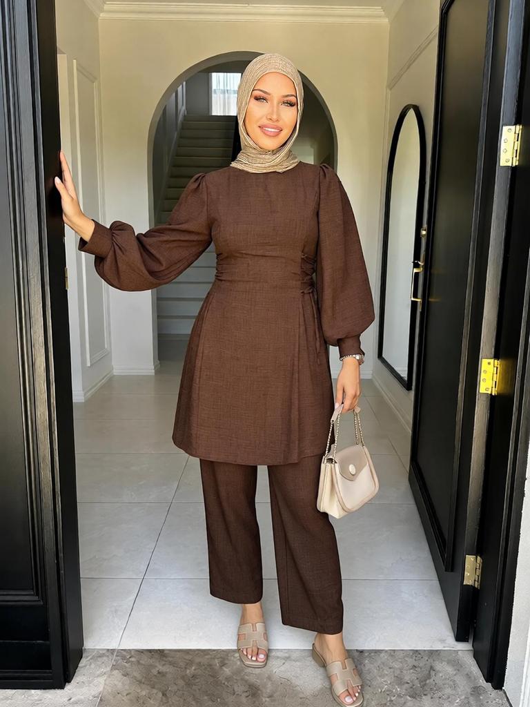 Women's Solid Color Two-Piece Set: Fashionable Top & Pants for Middle Eastern Style