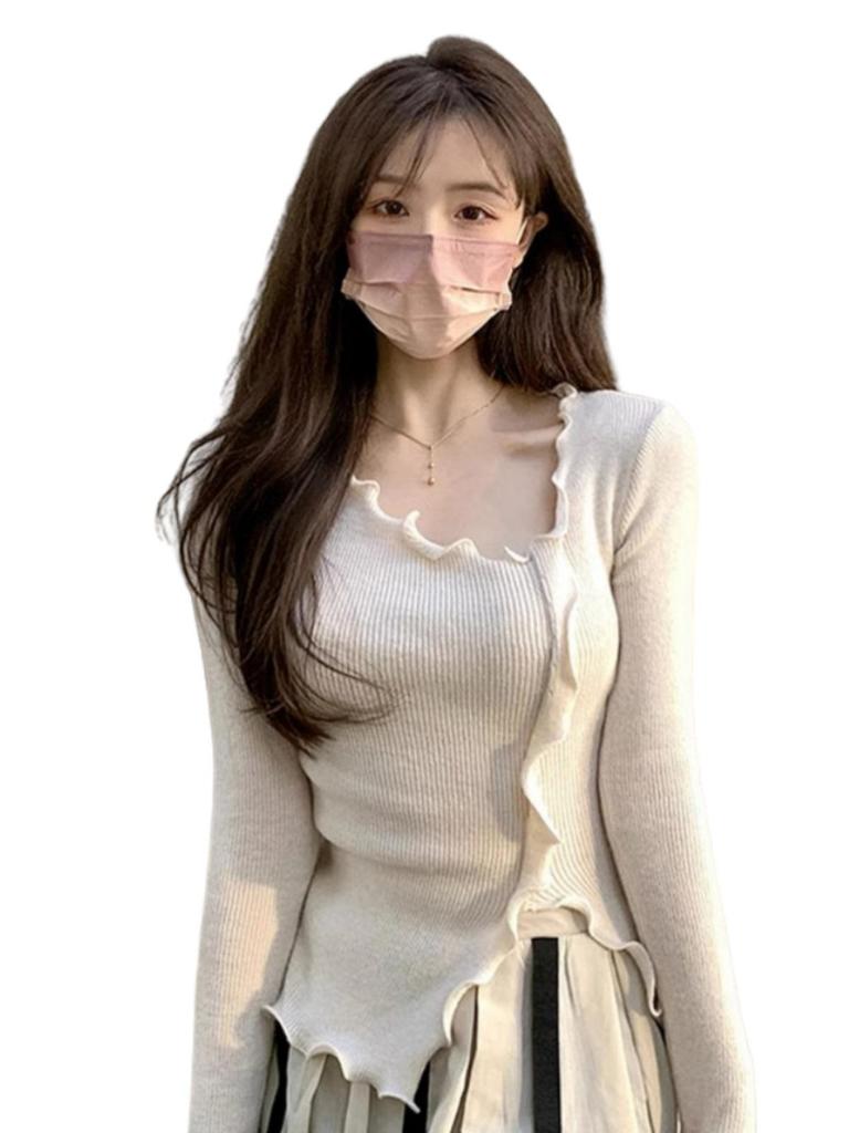 Frilly Long-Sleeve Knit Top with Irregular Slit - Women's Autumn Collection