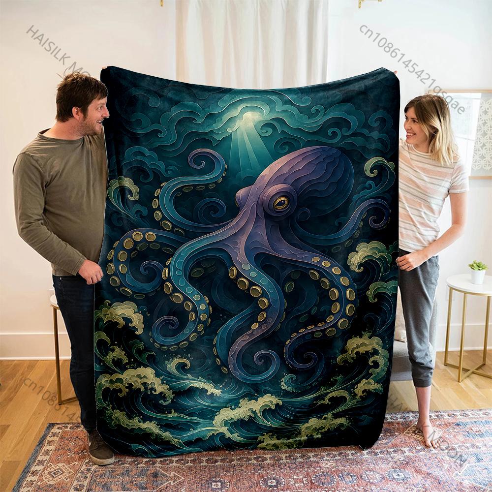 1PC Giant octopus waves light beam Print Blanket Flannel Material Soft Warm for All Seasons Home Outdoor Camping Picnics RV