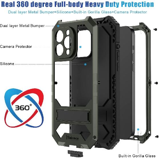 JGY iPhone 14 Pro Max IP68 Waterproof Case iPhone 14 Pro Max Military Metal Stand Case with Screen Protector Slim Full Cover Rugged Durable